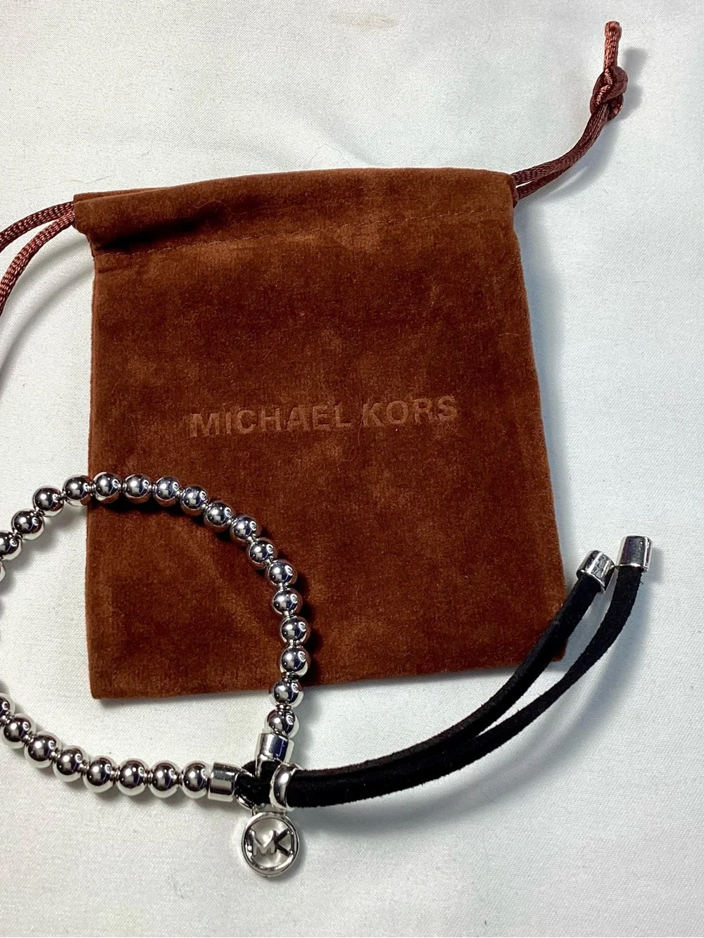 Michael Kors Silver-Tone Beaded Stretch Black Cord Bracelet NWT includes MK Bag